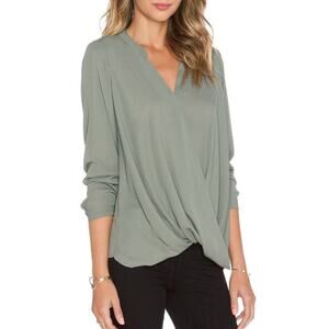 Krisa Womens Size Medium Surplice V Neck Shirt Blouse Olive Green Long Sleeves